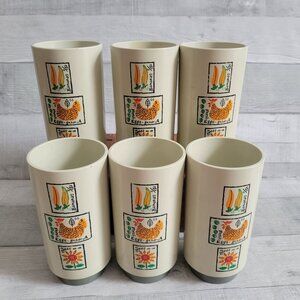 Set Of 6 Vintage Retro 1970s Plastic Tumblers With Farmhouse Design